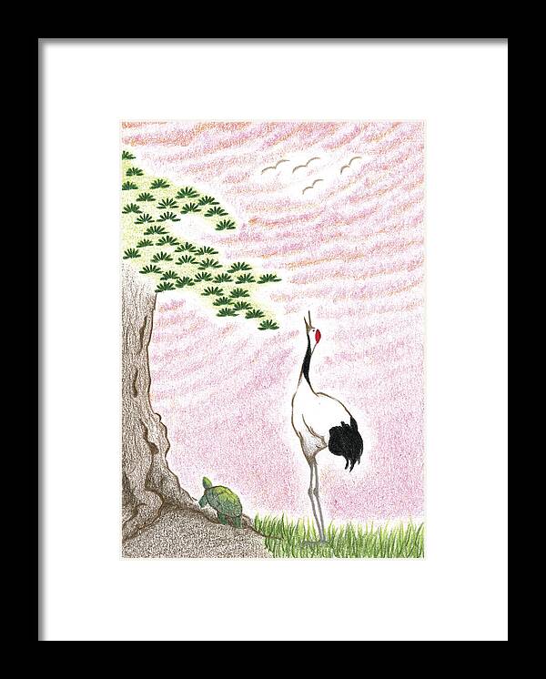 Crane At Sunset Framed Print featuring the drawing Sunset by Keiko Katsuta