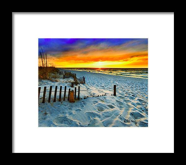 Sunset Landscape Framed Print featuring the photograph Sunset Landscape-Red Beach Sunset by Eszra Tanner