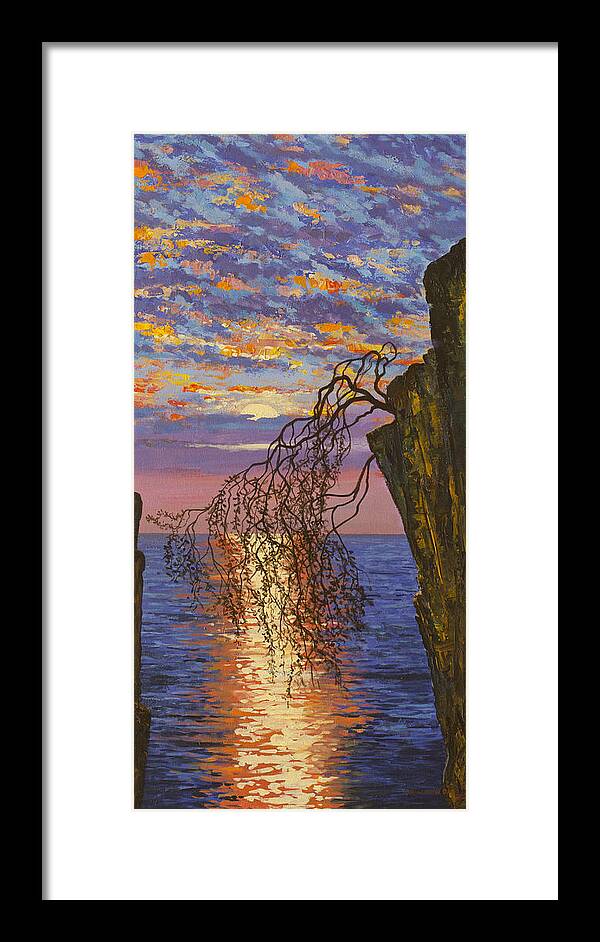 Sunset Framed Print featuring the painting Sunset on cliff by Vrindavan Das