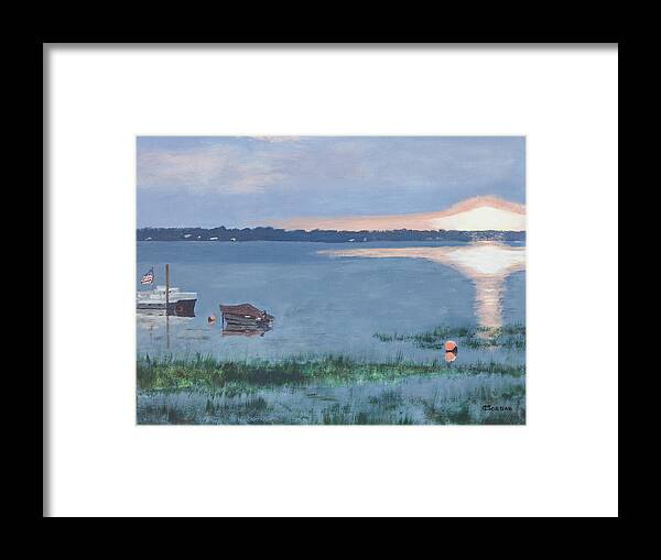 Lake Framed Print featuring the painting Sunset On Lake Champlain by Cynthia Morgan