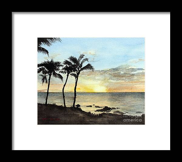 Palm Trees Decorate The Shoreline As The Sun Sets Off The Coast. Framed Print featuring the painting Sunset On The Coast by Monte Toon