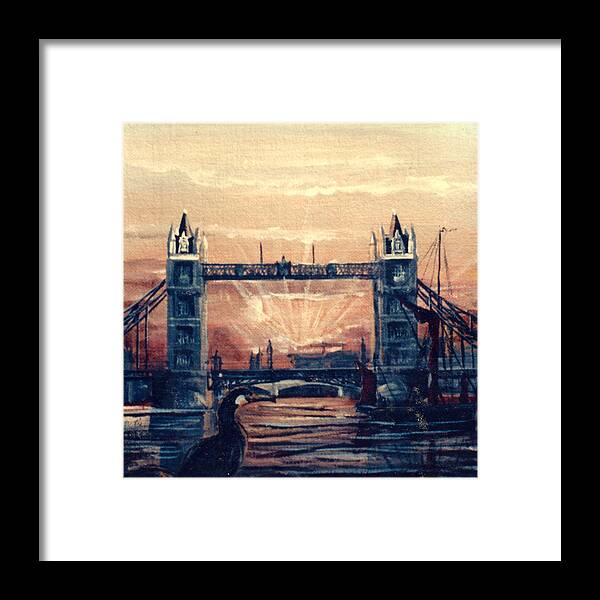 Cormorant Framed Print featuring the painting Sunset over Tower Bridge and the Cormorant by Mackenzie Moulton