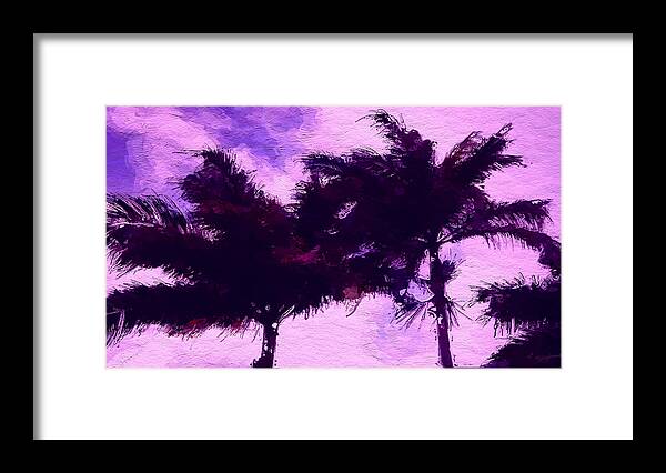Anthony Fishburne Framed Print featuring the digital art Sunset purple palm tree by Anthony Fishburne