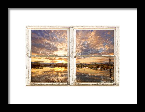 Window Framed Print featuring the photograph Sunset Reflections Golden Ponds 2 White Farm House Rustic Window by James BO Insogna