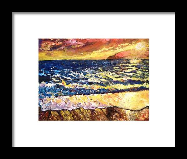 Sunset Framed Print featuring the painting Sunset Rest - Drama at Sea by Belinda Low