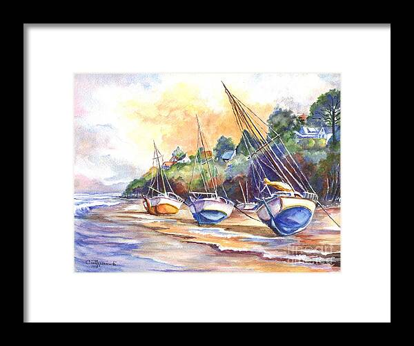 Hand Painted Framed Print featuring the painting Sunset Sail on Brittany Beach by Carol Wisniewski