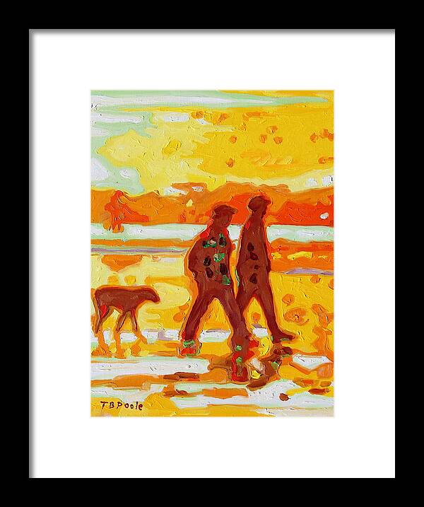 Sunset Beach Walk Framed Print featuring the painting Sunset Silhouette Carmel Beach with Dog by Thomas Bertram POOLE
