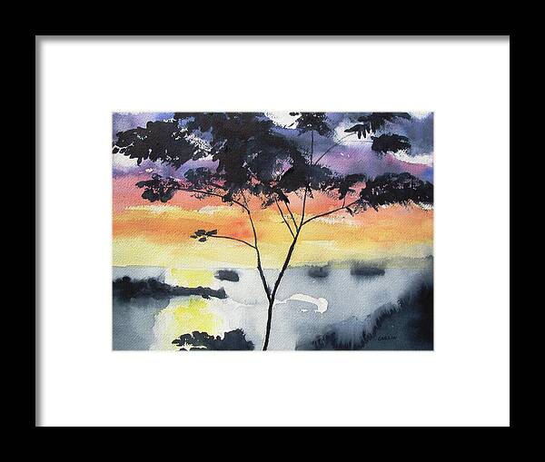 Sunset Framed Print featuring the painting Sunset Tree Koh Chang Thailand by Carlin Blahnik CarlinArtWatercolor