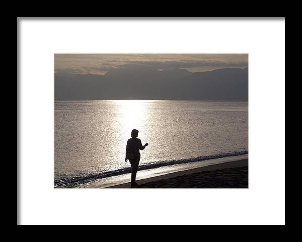 People; Girl; Woman; Walking; Silhouette; Vacation; Holiday; Beach; Evening; Sunset; Sea; Mediterranean; Ocean; Nature; Places; Destination; Turkey; Asia Framed Print featuring the photograph Sunset Walk by Ramunas Bruzas