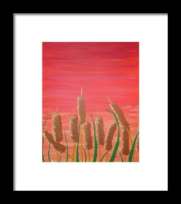 Landscape Framed Print featuring the painting Sunst Cattails by Angie Butler