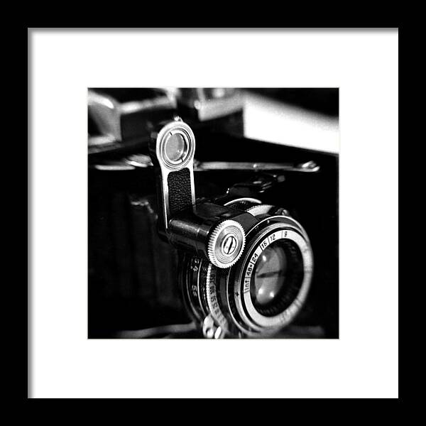 Super-ikonta; Camera; Close-up; Macro; Experimental; Photography; Film; Retro; Old; Old Fashioned; Reverse Mount; Caffenol; Zeiss Ikon; Pentacon Six; Ilford Pan-f Plus; Black And White; Nikkor 105 Framed Print featuring the photograph Super-Ikonta A by Paul Cowan