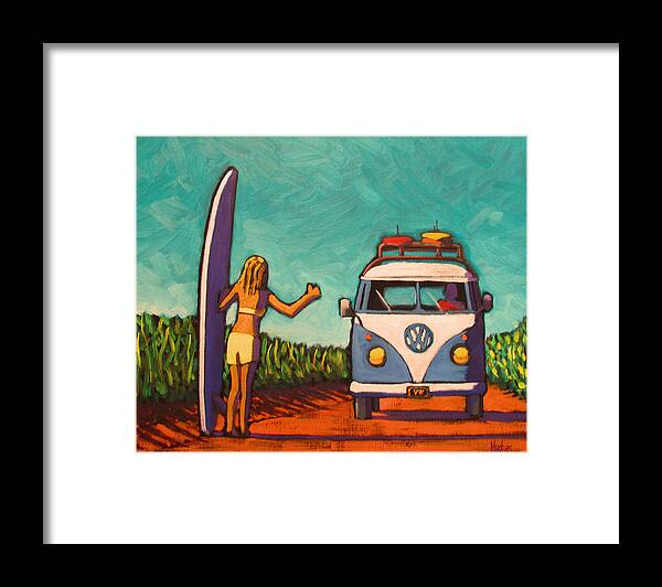 Surf Framed Print featuring the painting Surfer Girl and VW Bus by Kevin Hughes