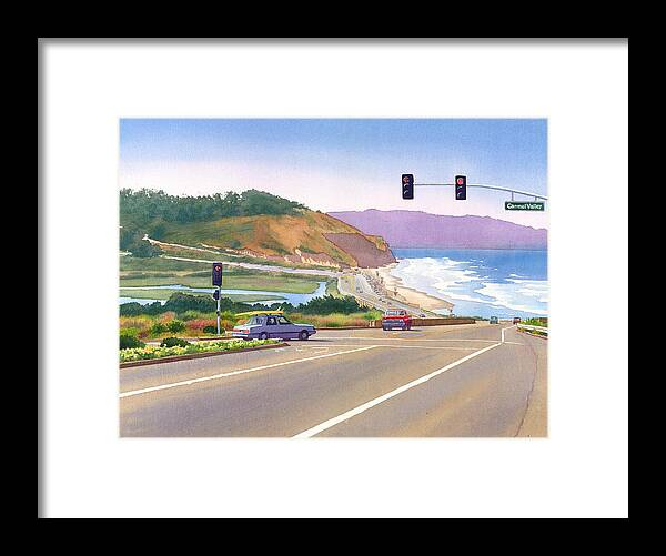Surfer Framed Print featuring the painting Surfers on PCH at Torrey Pines by Mary Helmreich