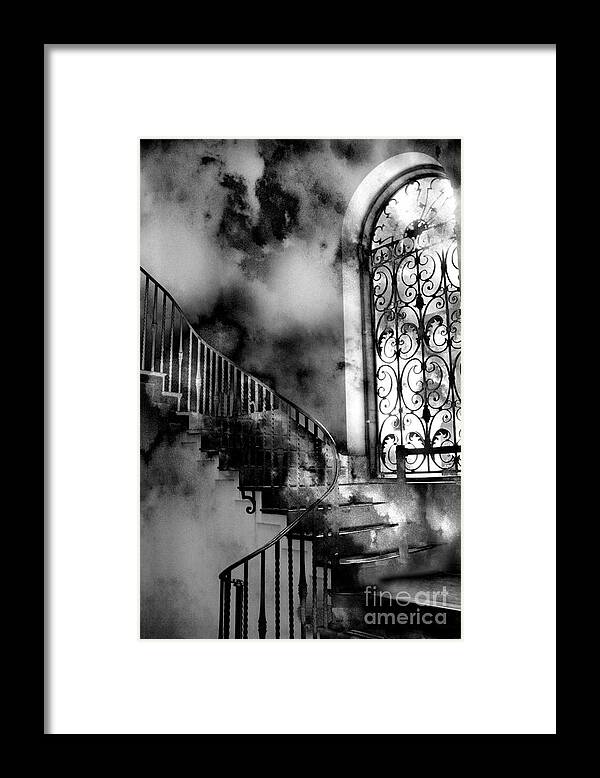 Fantasy Black And White Photographs Framed Print featuring the photograph Surreal Black White Fantasy Staircase to Heaven by Kathy Fornal