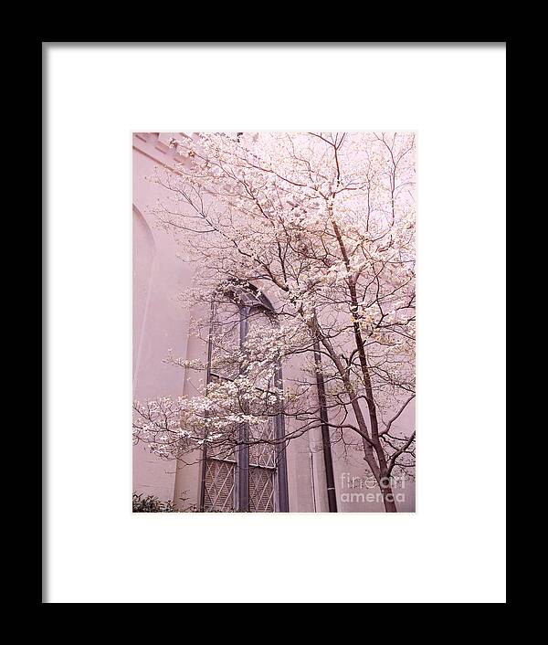 Nature Photography Framed Print featuring the photograph Surreal Dreamy Church Window With Pink Trees by Kathy Fornal