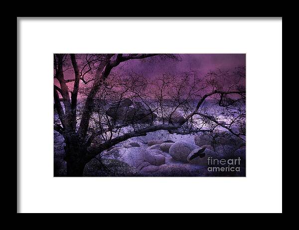 Purple Framed Print featuring the digital art Surreal Fantasy Haunting Trees Nature - Purple Pink Nature Trees Rocks and Flying Raven by Kathy Fornal