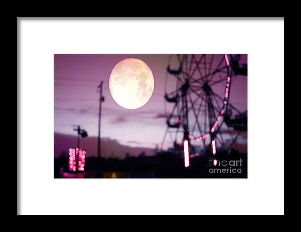 Carnival Ferris Wheel Photos Framed Print featuring the photograph Surreal Fantasy Purple Night Ferris Wheel Full Moon by Kathy Fornal