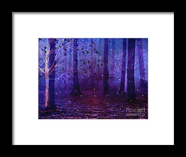 Purple Surreal Nature Framed Print featuring the photograph Surreal Fantasy Starry Night Purple Woodlands - Purple Blue Fantasy Nature Fairy Lights by Kathy Fornal