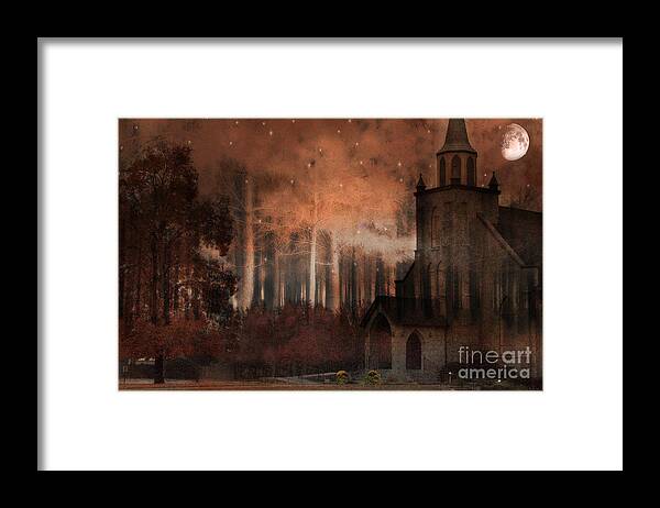 Gothic Church With Nature Framed Print featuring the photograph Surreal Gothic Church Autumn Fall Orange Brown With Full Moon and Stars by Kathy Fornal