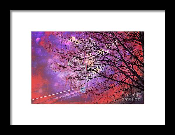 Surreal Fantasy Nature Photography Framed Print featuring the photograph Surreal Gothic Fantasy Abstract Bokeh Tree Nature - Abstract Black Purple Orange Trees by Kathy Fornal