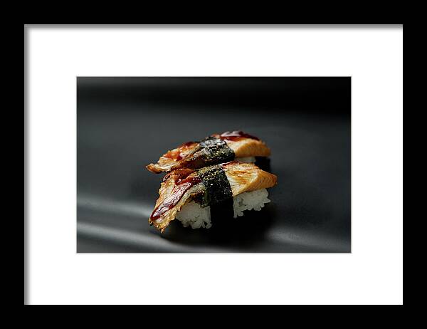 Black Background Framed Print featuring the photograph Sushi Unagi by Ryouchin