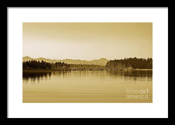 East Bay Framed Print featuring the photograph Swantown Marina And The Olympics In Sepia by Susan Parish
