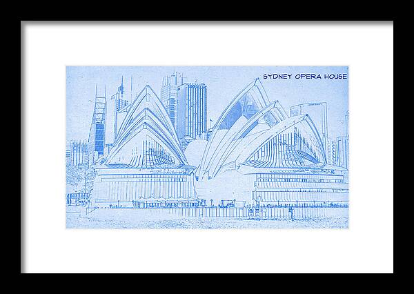 Sydney Opera House - Blueprint Drawing Framed Print featuring the digital art Sydney Opera House - BluePrint Drawing by MotionAge Designs