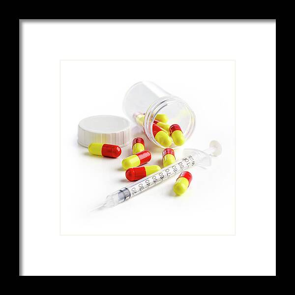 Nobody Framed Print featuring the photograph Syringe And Capsules by Science Photo Library