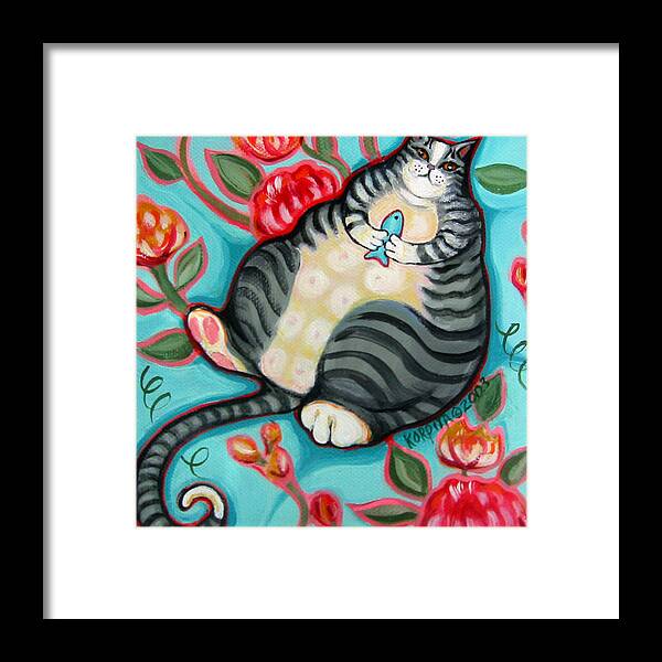 Rebecca Korpita Framed Print featuring the painting Tabby Cat on a Cushion by Rebecca Korpita