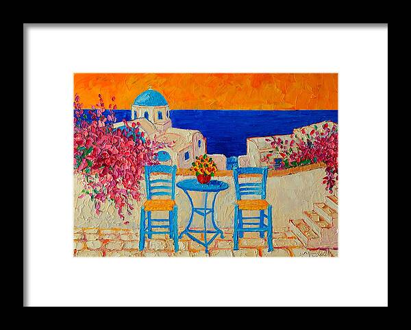 Greece Framed Print featuring the painting Table For Two In Santorini Greece by Ana Maria Edulescu
