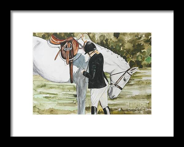 Fox Hunting Framed Print featuring the painting Tacking Up by Kathy Laughlin