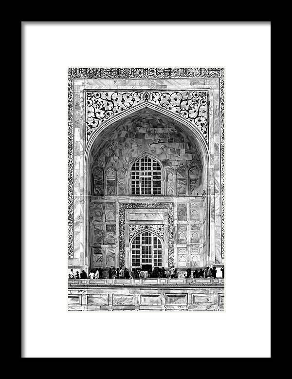 Taj Mahal Framed Print featuring the photograph Taj Mahal Close Up in Black and White by Amanda Stadther
