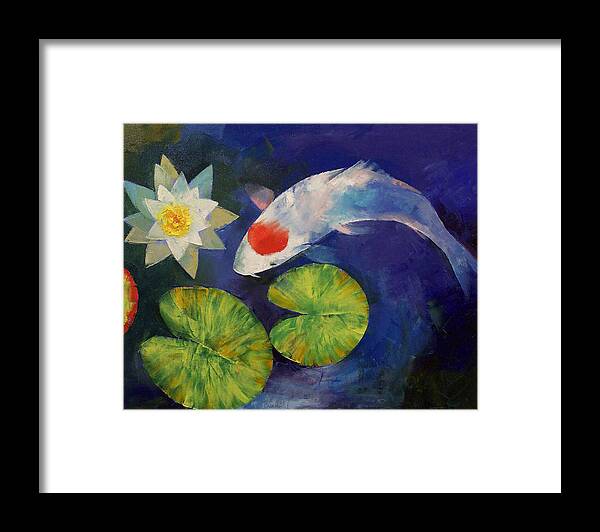 Tancho Framed Print featuring the painting Tancho Koi and Water Lily by Michael Creese