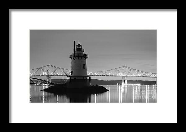 Ny Framed Print featuring the photograph Tarrytown Light and Tappan Zee Bridge bw by Michael Ver Sprill