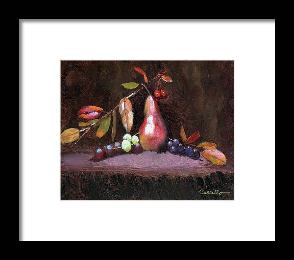  Still Life Of Vivid Fall Colors Surrounding Golden Pear Framed Print featuring the painting Taste of Fall by Ruben Carrillo