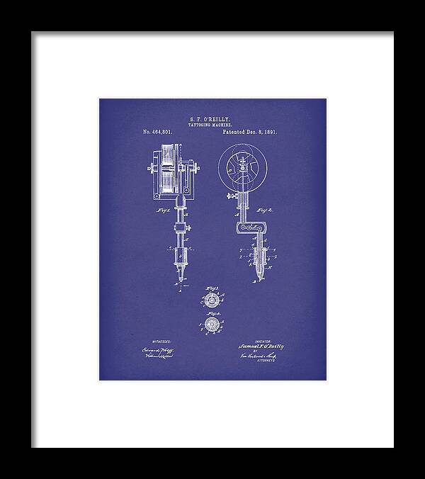 O'reilly Framed Print featuring the drawing Tattoo Machine 1891 Patent Art Blue by Prior Art Design