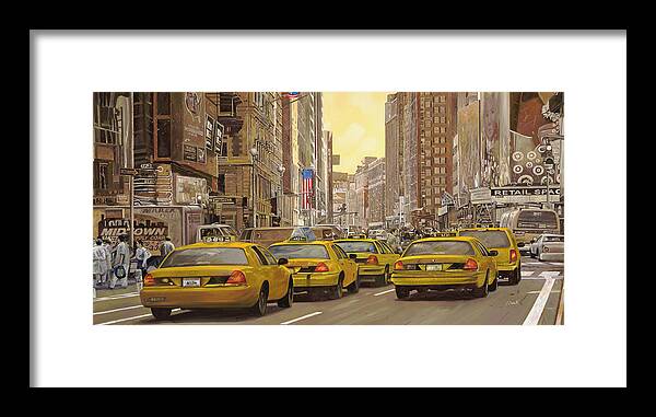 New York Framed Print featuring the painting yellow taxi in NYC by Guido Borelli