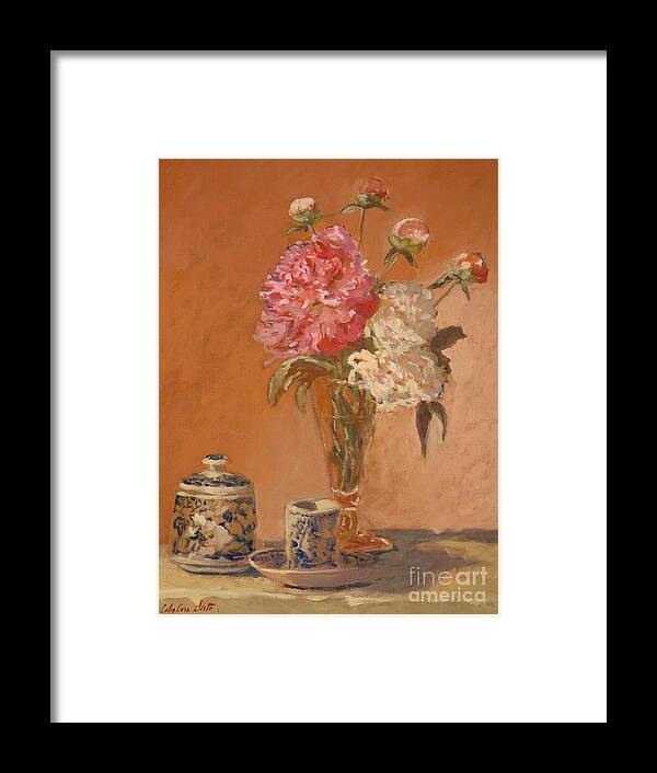 Still Life Arrangements Framed Print featuring the painting Tea cup with peonies by Monica Elena