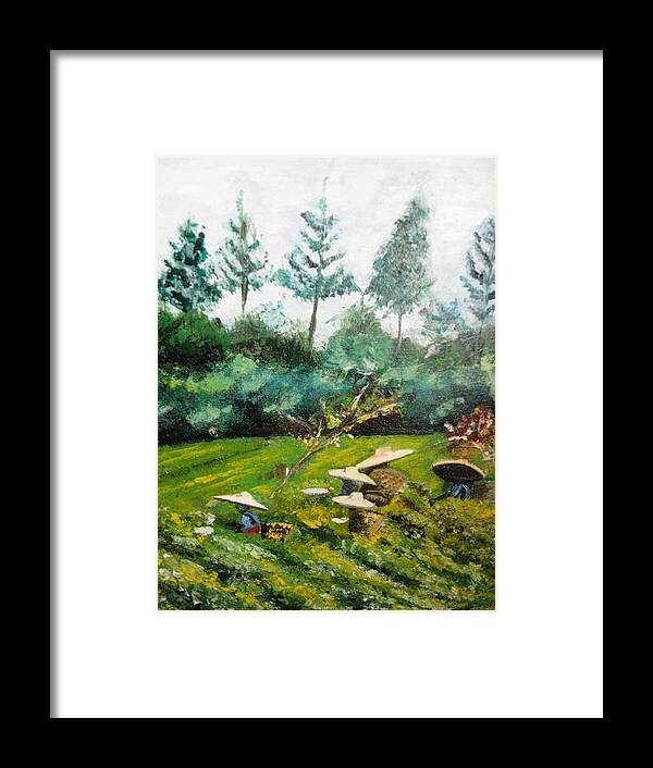 Tea Plantation With Tea Pickers In Indonesia. Framed Print featuring the painting Tea Plantation in Indonesia by Lucille Valentino