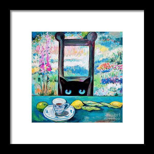 Cat Framed Print featuring the painting Tea Time Kitty by Shijun Munns