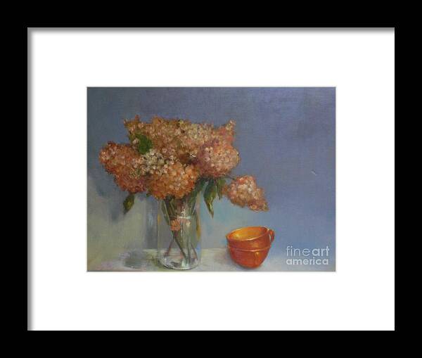 Hydrangeas Framed Print featuring the painting Teacups and Hydrangeas  copyrighted by Kate Hoekstra
