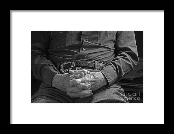 Black And White Framed Cowboy Print Framed Print featuring the photograph Telling Tales by Joe Pratt