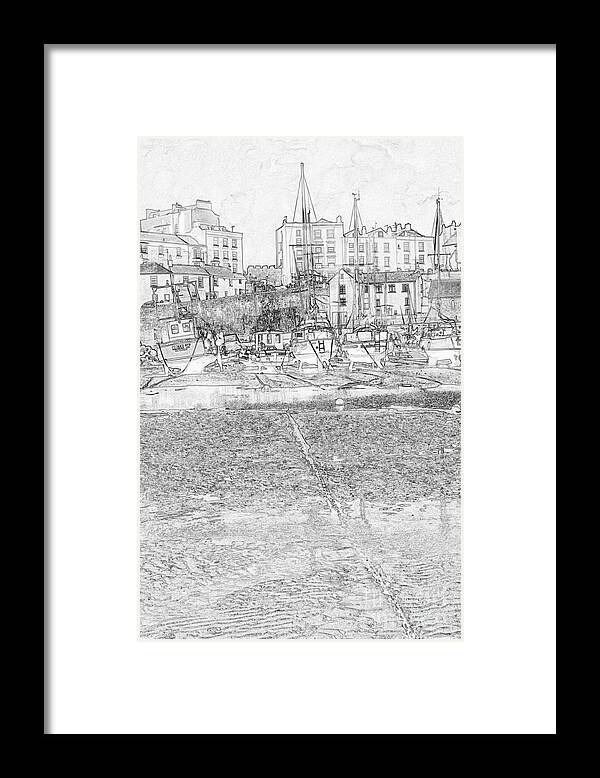 Tenby Framed Print featuring the photograph Tenby Harbor Pencil Sketch 4 by Steve Purnell