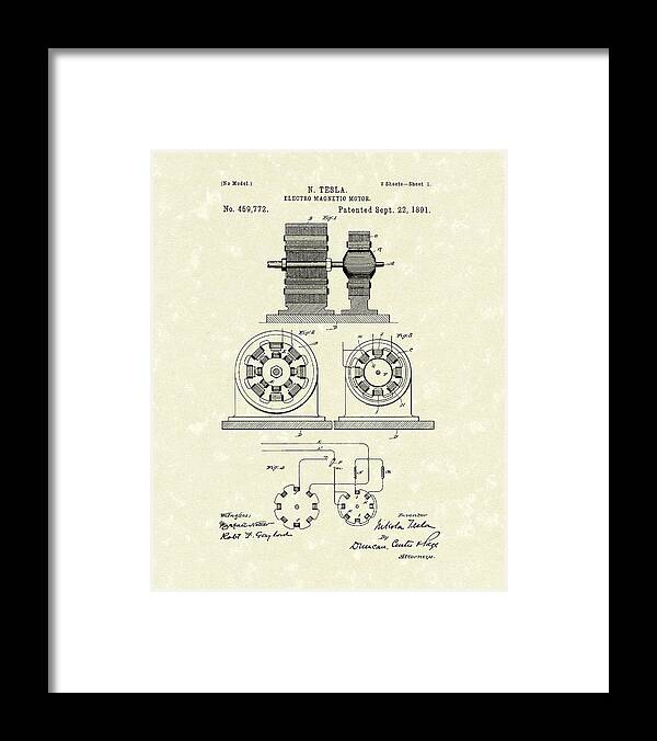 Tesla Framed Print featuring the drawing Tesla Motor 1891 Patent Art by Prior Art Design