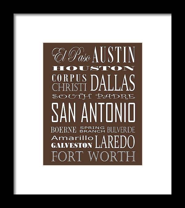 Texas Cities Subway Art Framed Print featuring the photograph Texas Cities on Brown by Debbie Karnes