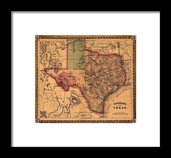 Texas Framed Print featuring the drawing Texas Map Art - Vintage Antique map of Texas by World Art Prints And Designs