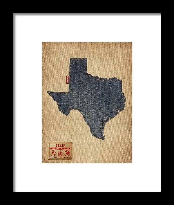 United States Map Framed Print featuring the digital art Texas Map Denim Jeans Style by Michael Tompsett