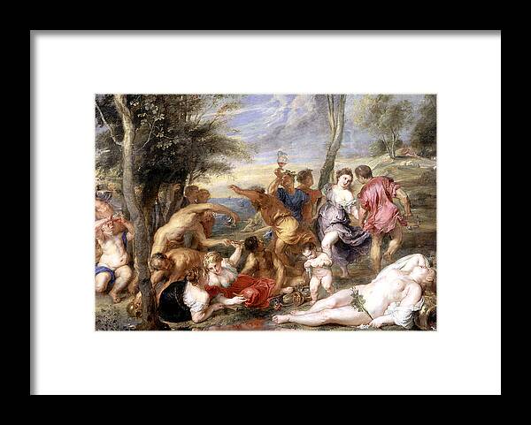 Titian's Original In Prado; Andrian; Andros; Bacchanale; Bacchic; Revelry; Drinking; Landscape; Drunk; Female; Nude; Party; Merrymaking; River Of Wine; Bacchanalian; Bacchanal; Dionysian Framed Print featuring the painting The Andrians a free copy after Titian by Peter Paul Rubens