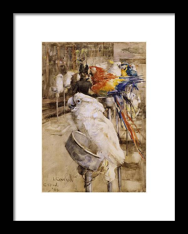 Parrot Framed Print featuring the drawing The Aviary, Clifton, 1888 by Joseph Crawhall