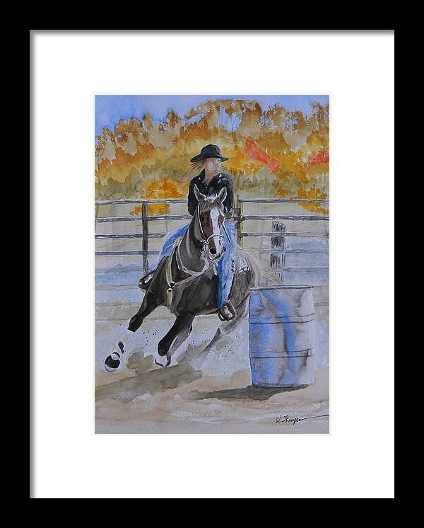The Barrel Race Framed Print featuring the painting The Barrel Race by Warren Thompson